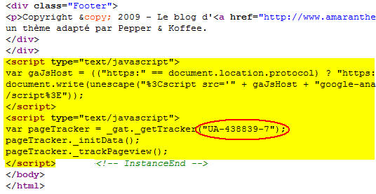 Script Google Analytics dans le code source de la page