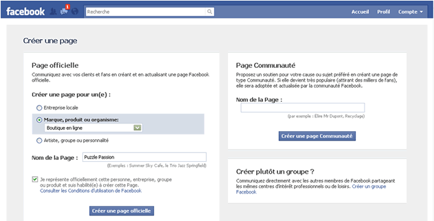 Création page Facebook
