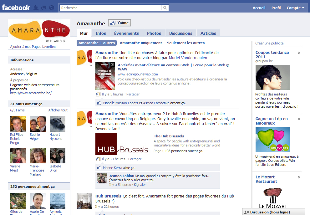 Page d'entreprise sur Facebook avant changement février 2011